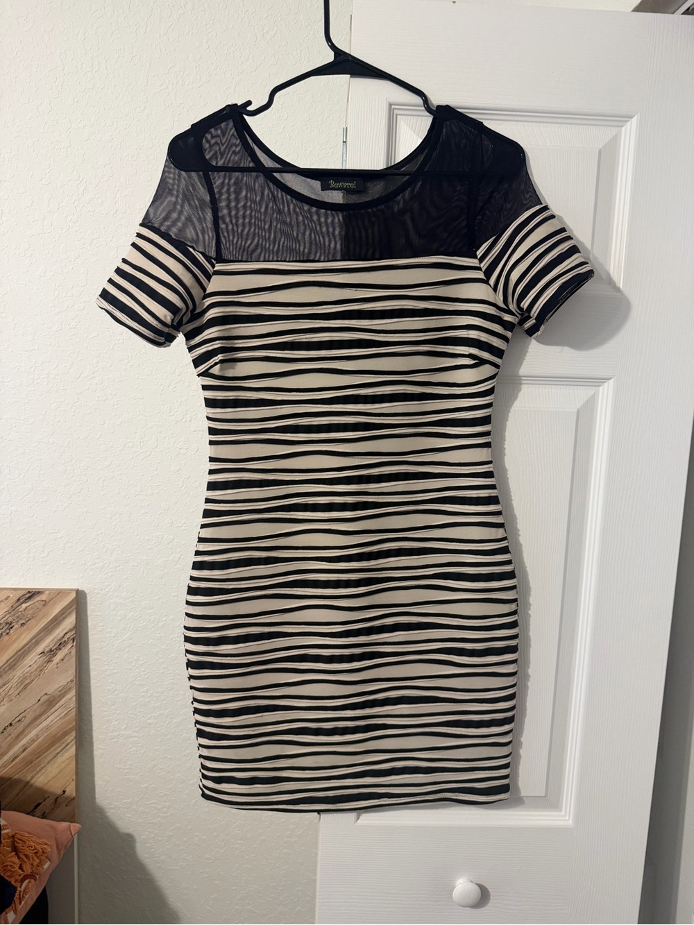 Striped Black and Cream Sheer Yoke Bodycon Dress